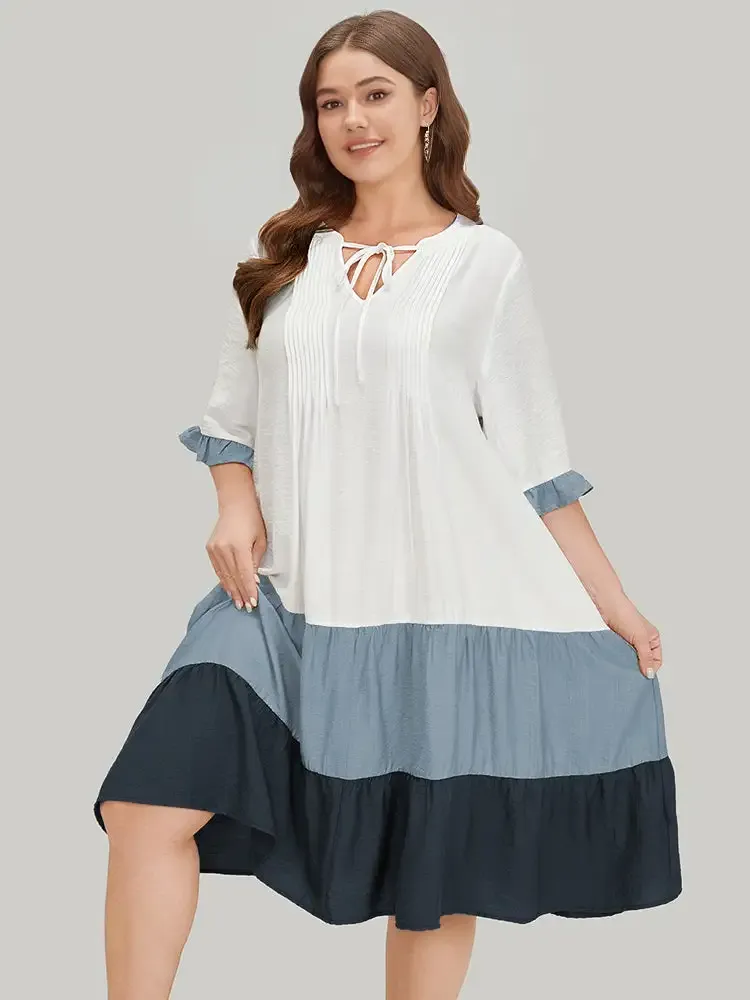 Color Block Contrast Pocket Pleated Knot Neck Dress