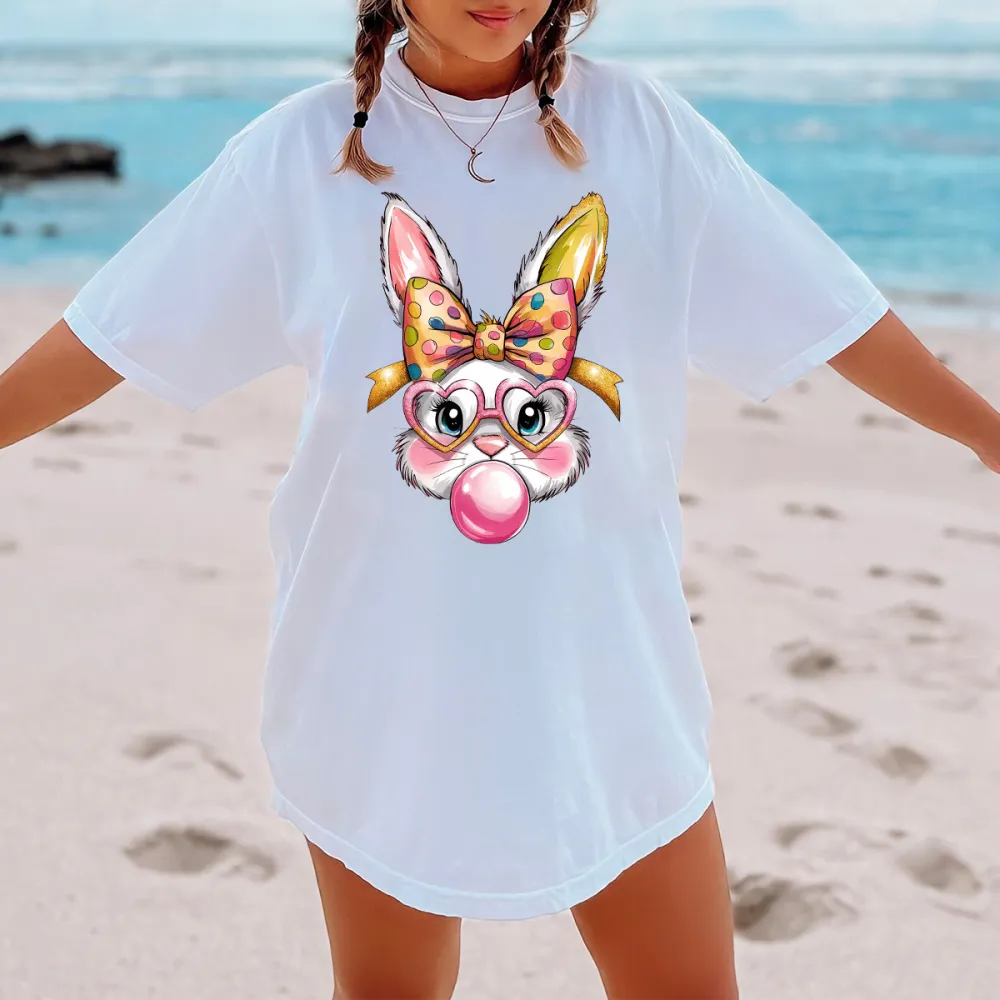 T-Shirt Easter Bunny Wearing Heart Glasses Blowing Bubbles Printed Round Neck Short Sleeve