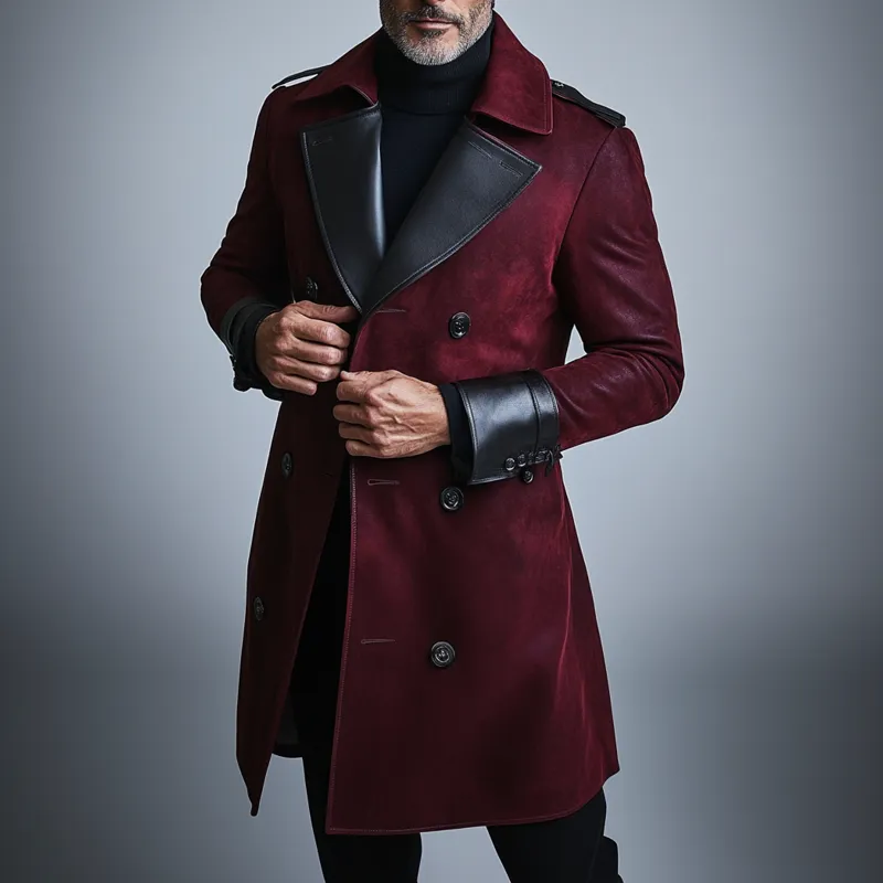 Men's Business Suede PU Leather Patchwork Double Breasted Lapel Overcoat