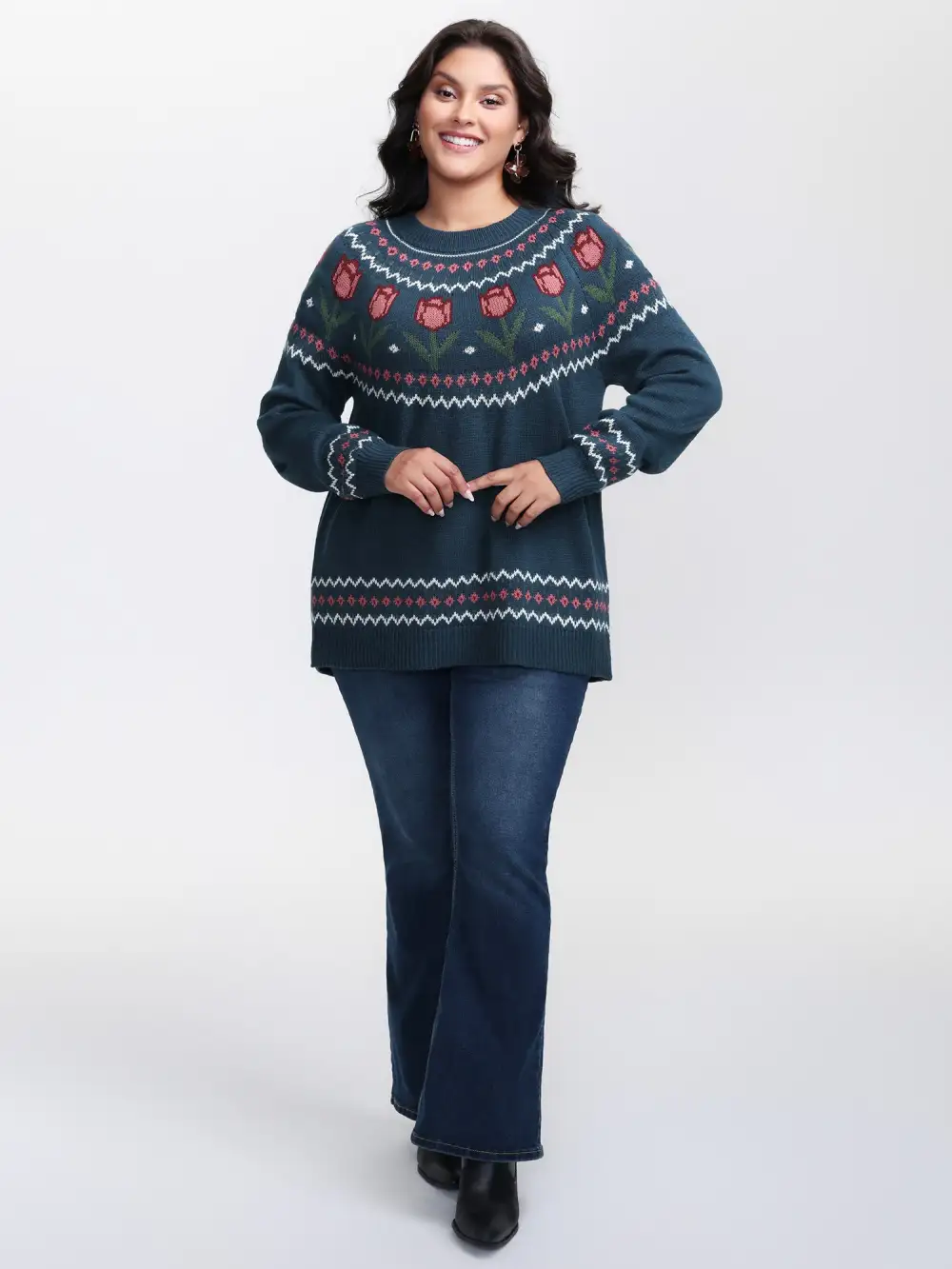 Floral Jacquard Color Contrast Pullover