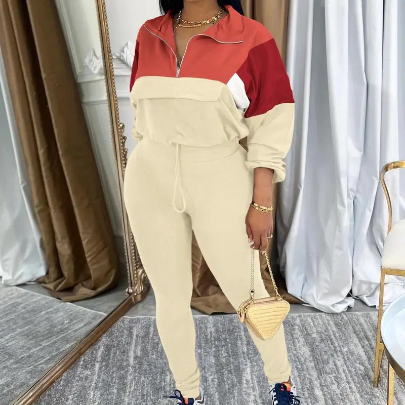 Women's Two - Piece Knit Tracksuit: Zip Jacket & Elastic Waist Pant, Pink - Blue Colorblock