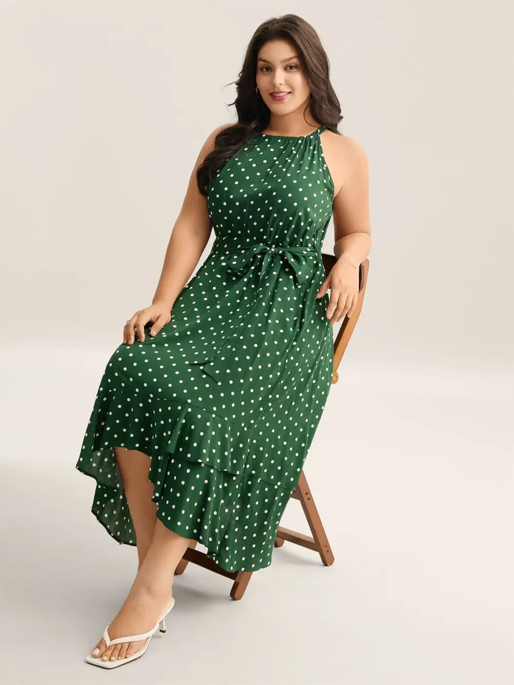 Polka Dots Halter Neck Belted Midi Dress