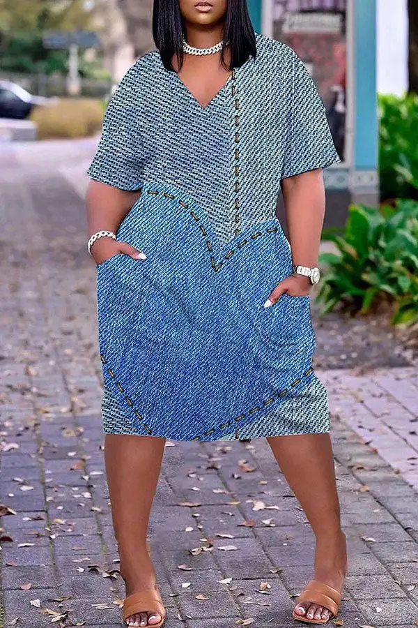 Denim Print Casual V Neck Midi Dress