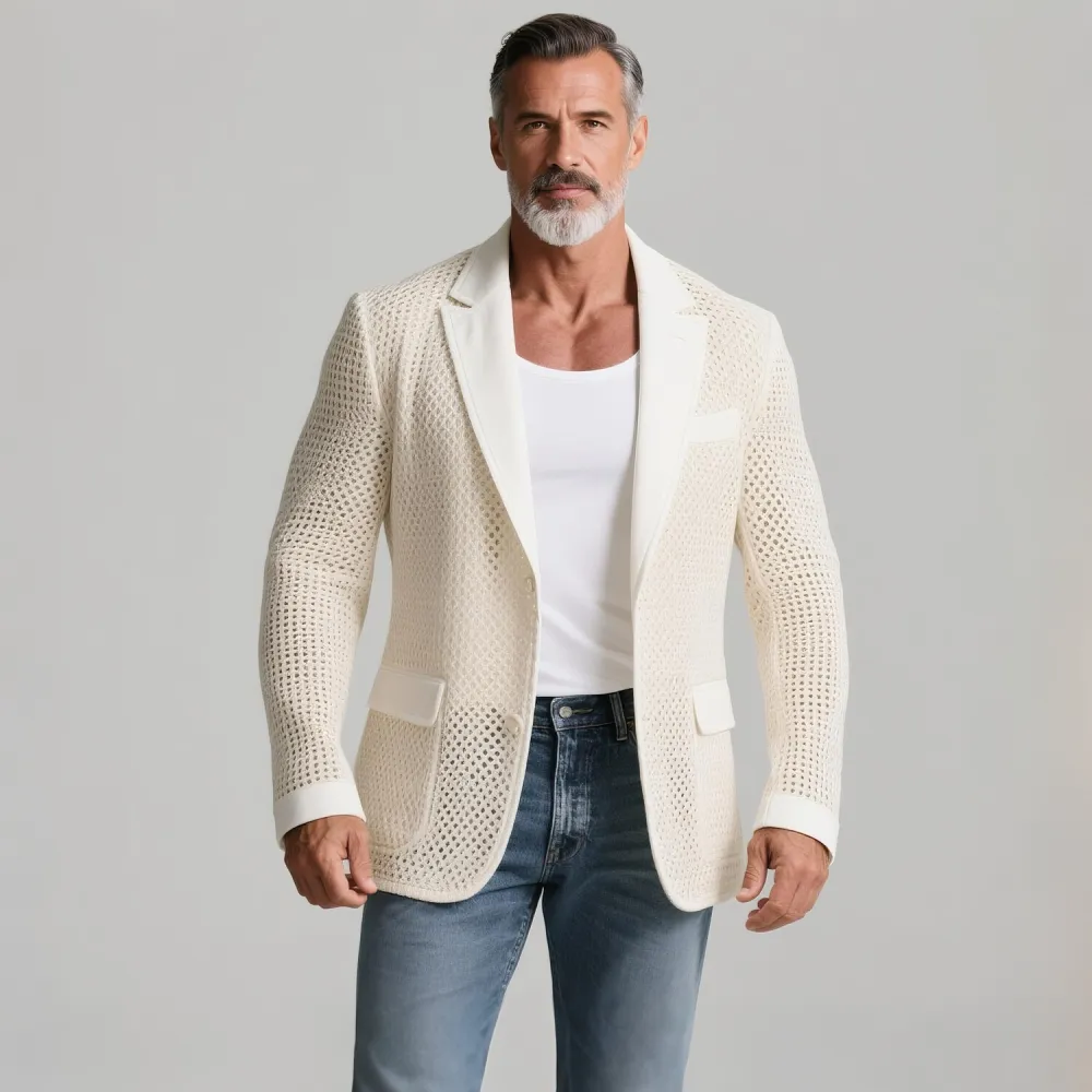 Men's Hollow Crochet Knit Notch Lapel Two Button Long Sleeve Blazer