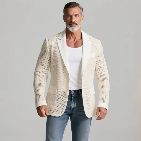 Men's Hollow Crochet Knit Notch Lapel Two Button Long Sleeve Blazer