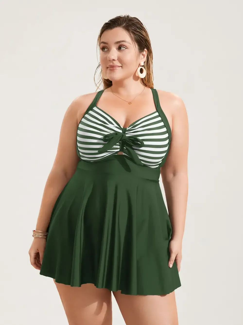 Stripes Patchwork Tie Knot Cross Straps Swim Dress