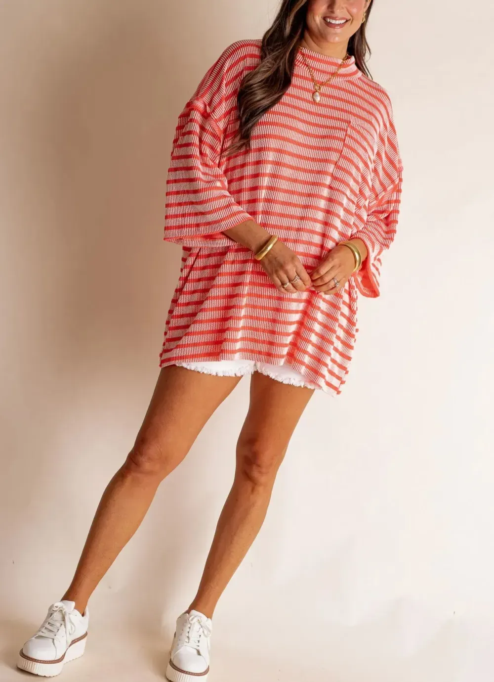 Women's 2025 Spring New Ribbed Striped Crew Neck Pocket Top