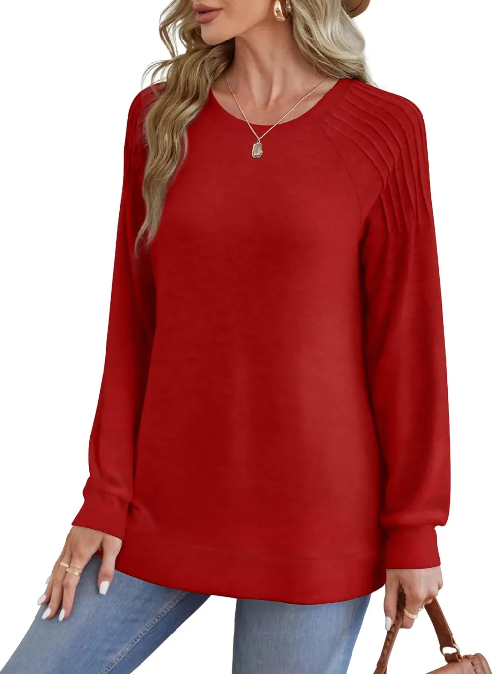 Sweatshirt for Women Crewneck Pleated Long Sleeve Shirts Tunic Tops Fashion 2024