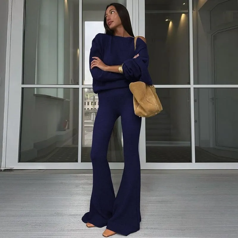 Women's Solid Asymmetrical Neck Top & Flare Leg Pants Set