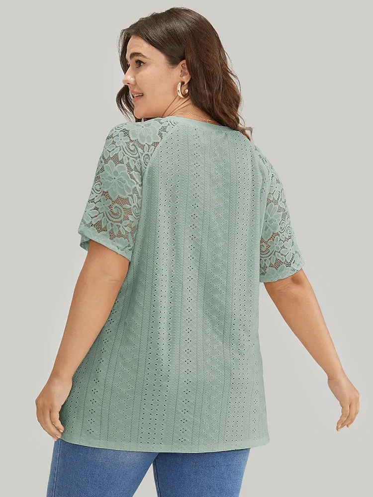 Solid Broderie Anglaise Lace Raglan Sleeve T-shirt