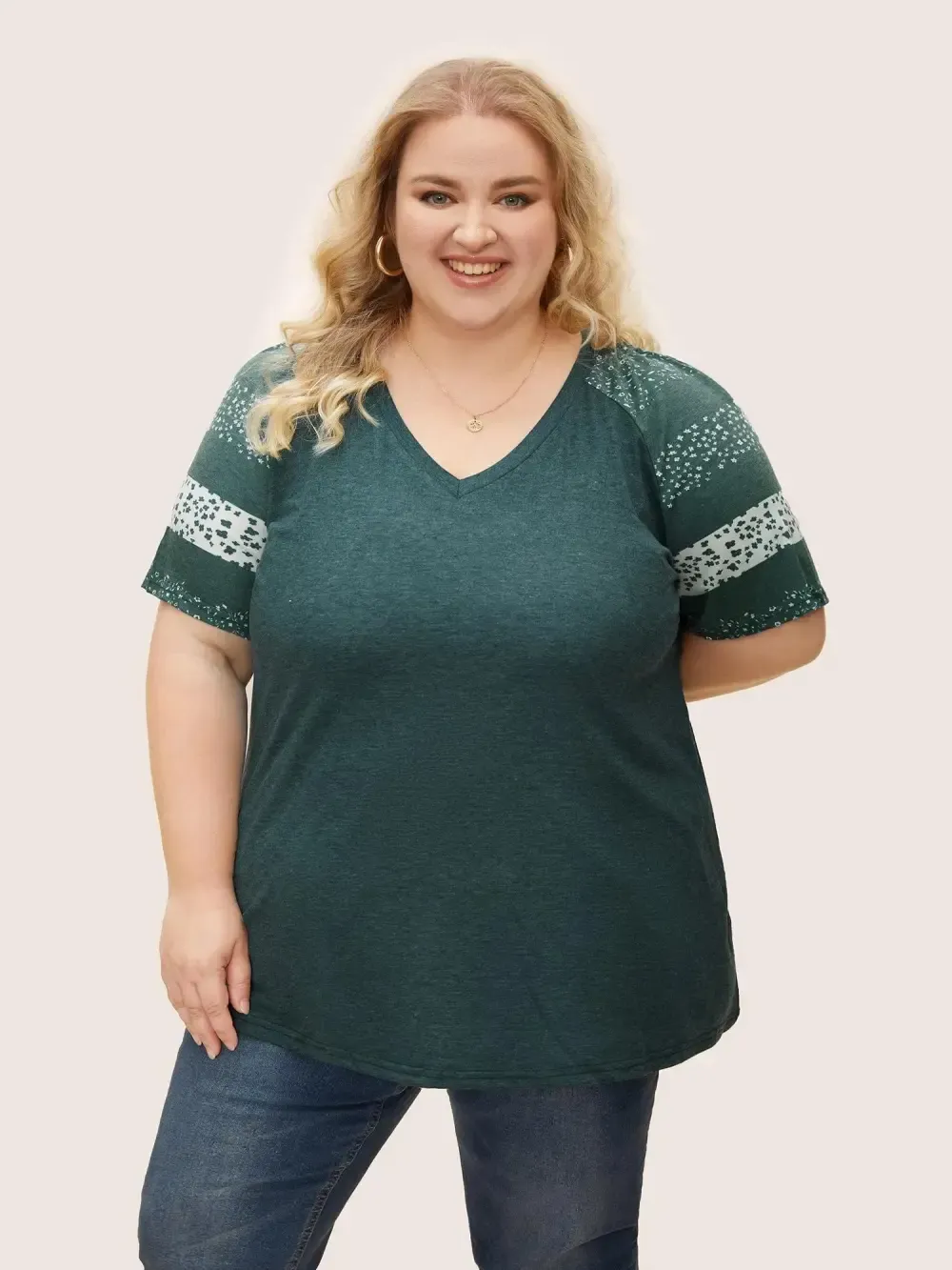 Ditsy Floral Colorblock Contrast Raglan Sleeve T-Shirt