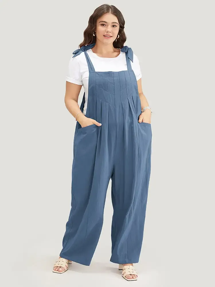 Solid Pleated Detail Pocket Knotted Shoulder Overall Jumpsuit