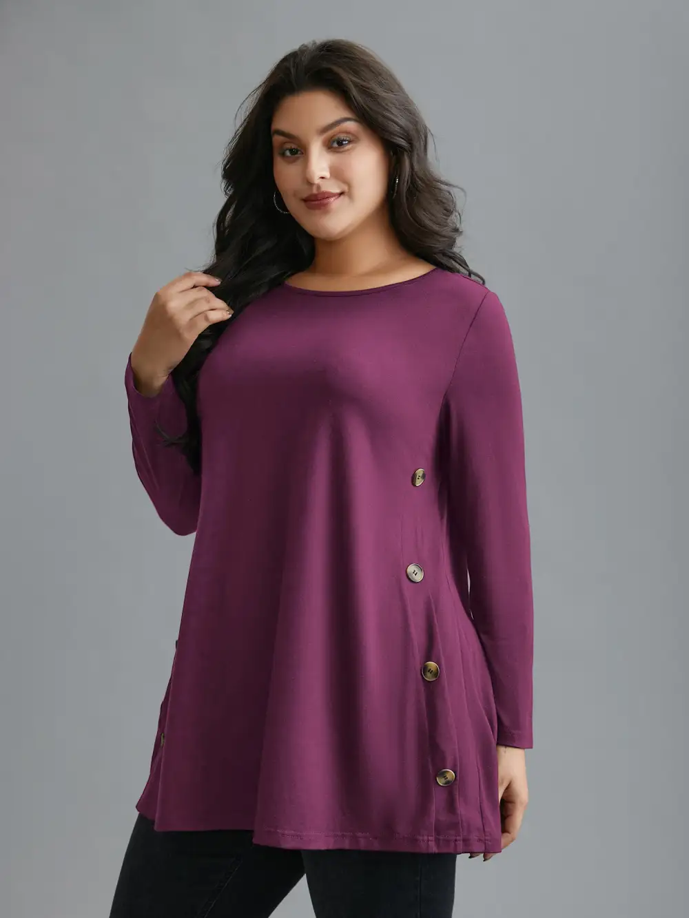 Round Neck Button Slim-Fit Knit Top