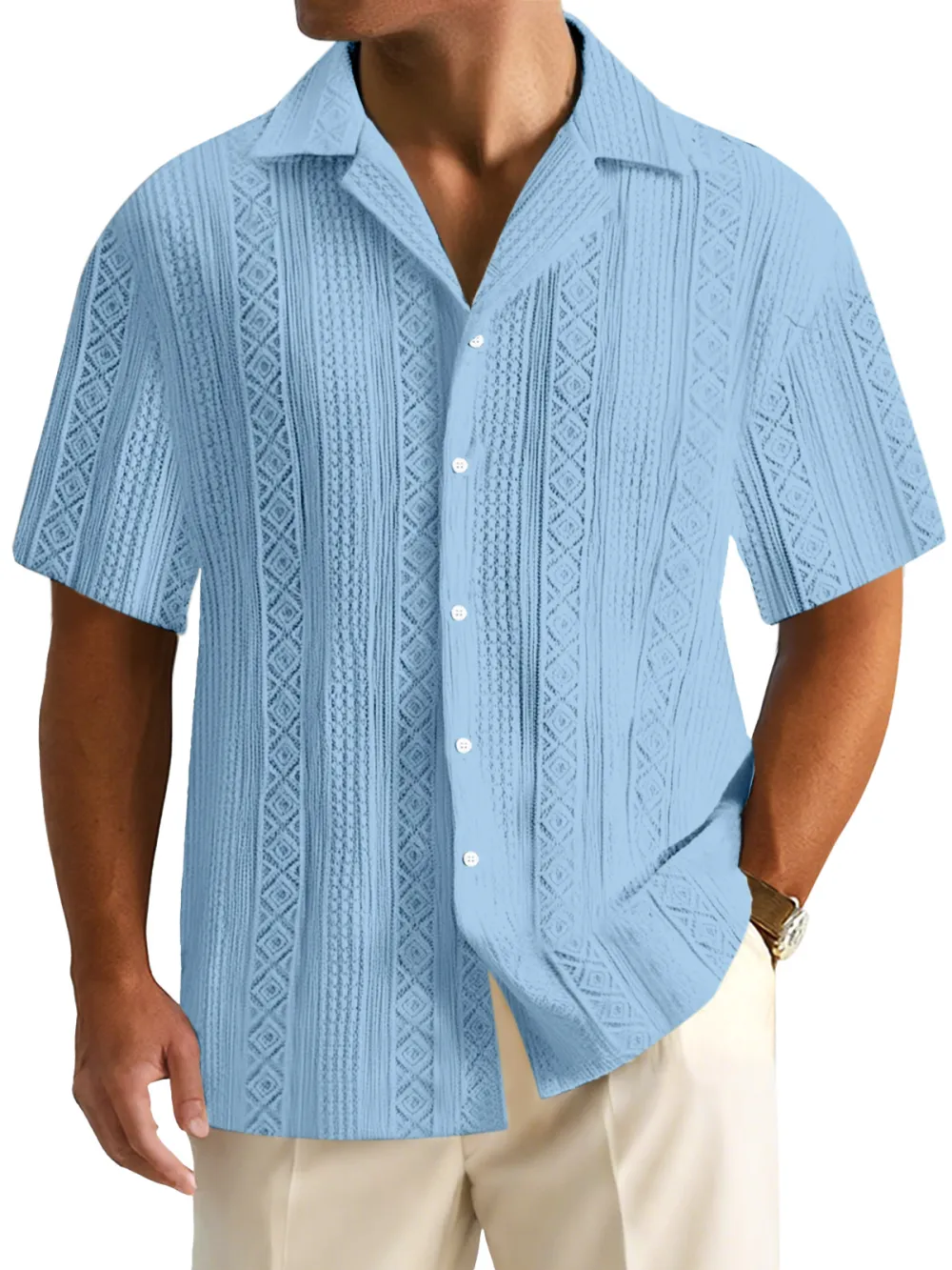 Men's Everyday Solid Color Textured Short-sleeved Cuban Collar Shirt