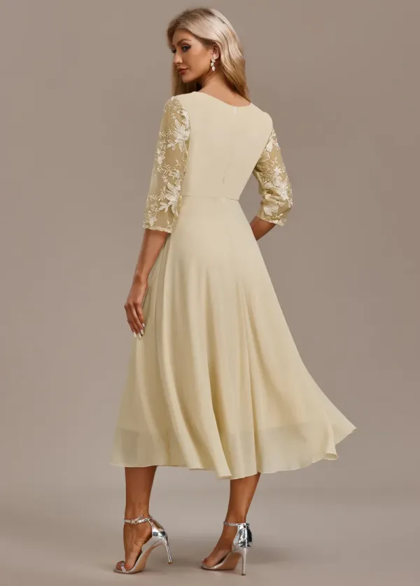 Champagne Embroidery 3/4 Sleeve Round Neck Dress