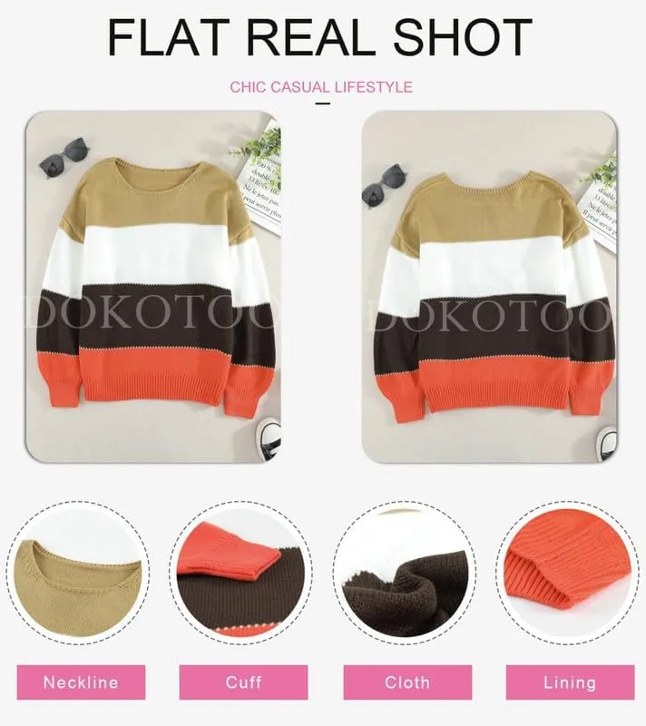 Womens Color Block Sweaters Long Sleeve Crewneck Pullover Knit Jumper Tops