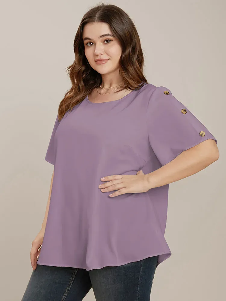 Plain Round Neck Button Detail Blouse