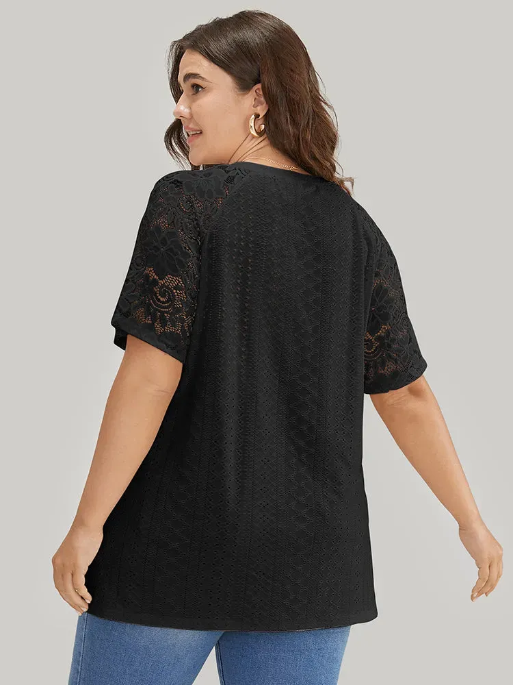 Solid Broderie Anglaise Lace Raglan Sleeve T-shirt