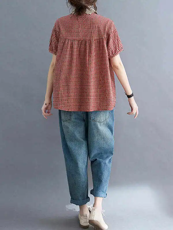 Cotton Blend Plaid Polo Puff Sleeve T-Shirts Tops