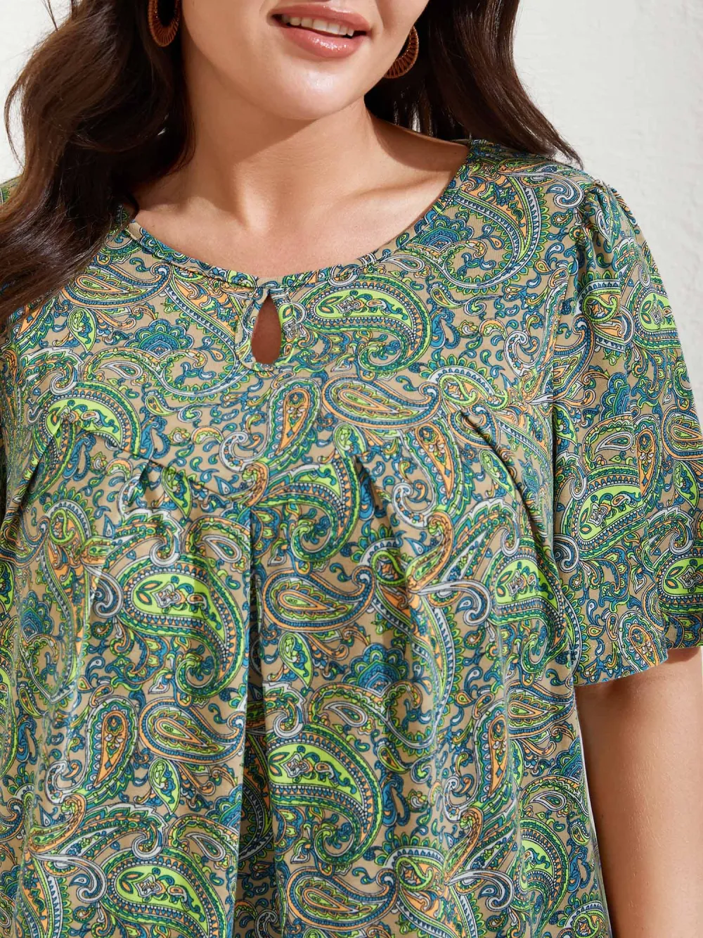 Paisley Print Neck Cut-Out Pleated Top