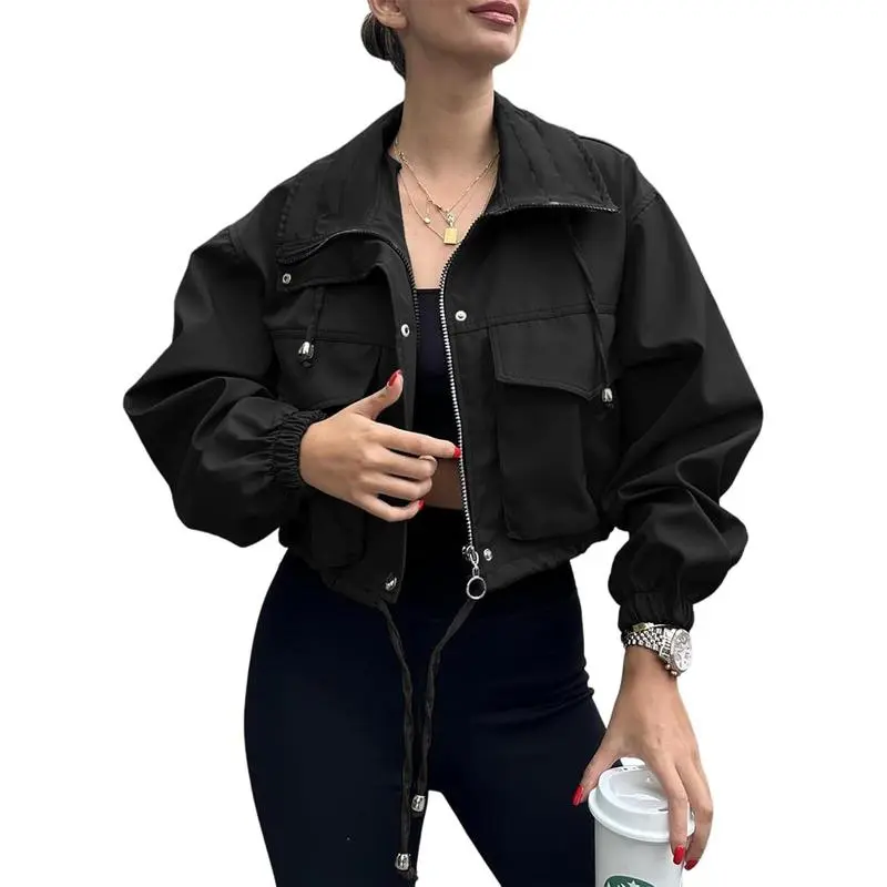 Women's Solid Zip Up Crop Jacket
