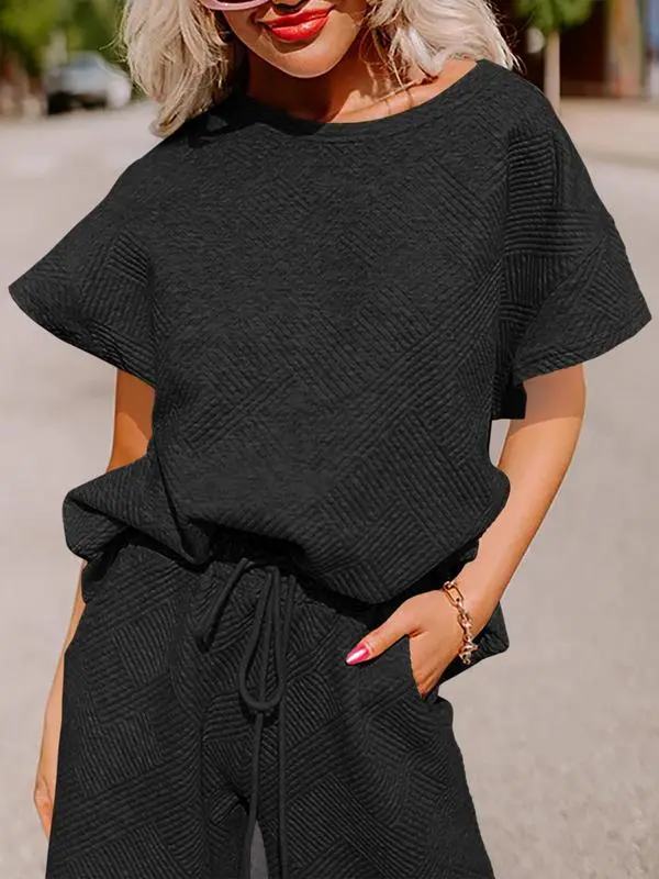 Women's 2-Piece Knit Loungewear Set – Short Sleeve Top & Cropped Wide Leg Pants