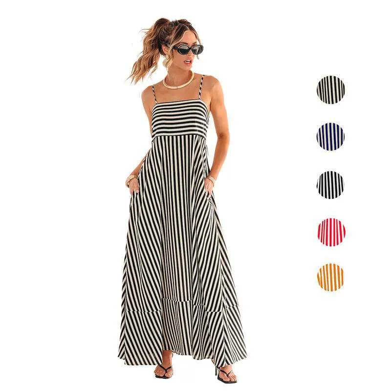 Striped Maxi Dress for Women – Square Neck Sleeveless Sundress, Casual Summer Outfit for Beach, Vacation, or Party