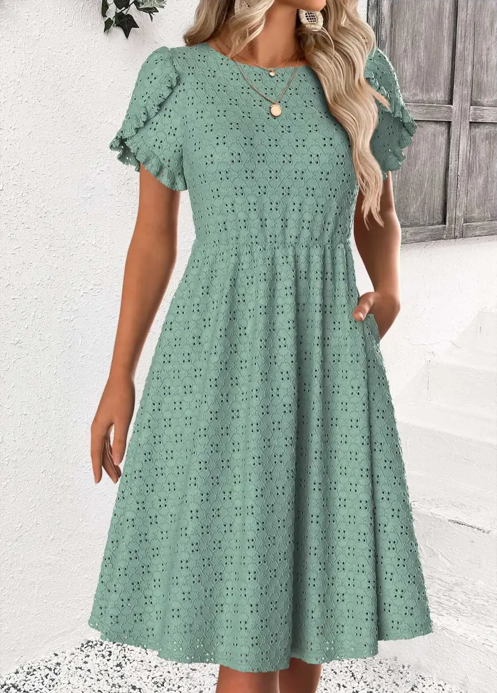 Sage Green Short Sleeve Round Neck Dress