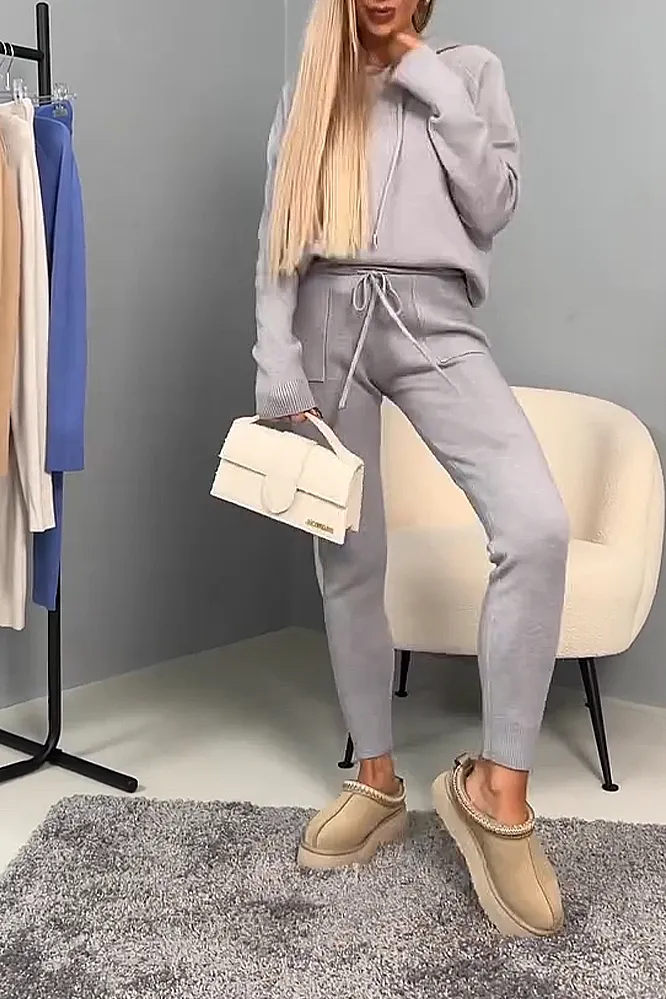 Women's solid color knitted top and pants two-piece set
