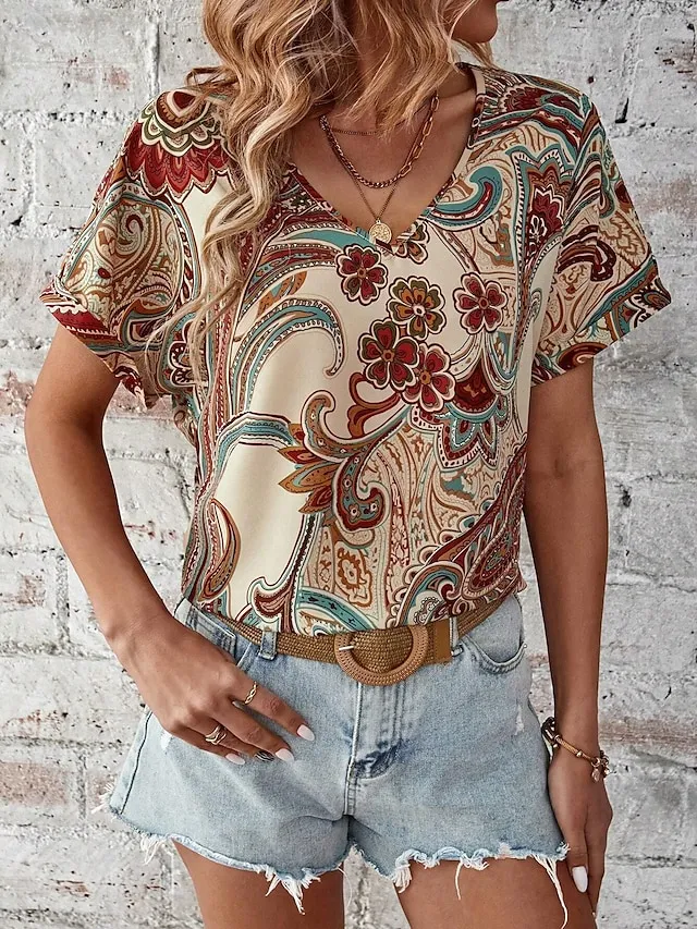 Women's Boho Shirt Tee Paisley Vintage Rainbow Print Blouse V Neck Half Sleeve Casual Short Sleeve Ethnic Summer Spring Shirts