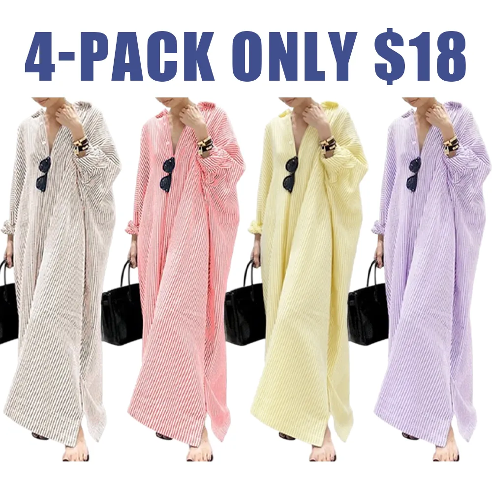 Women's Striped Cotton Maxi Shirt Dress – Casual Loose Fit, Long Sleeve, Button Down