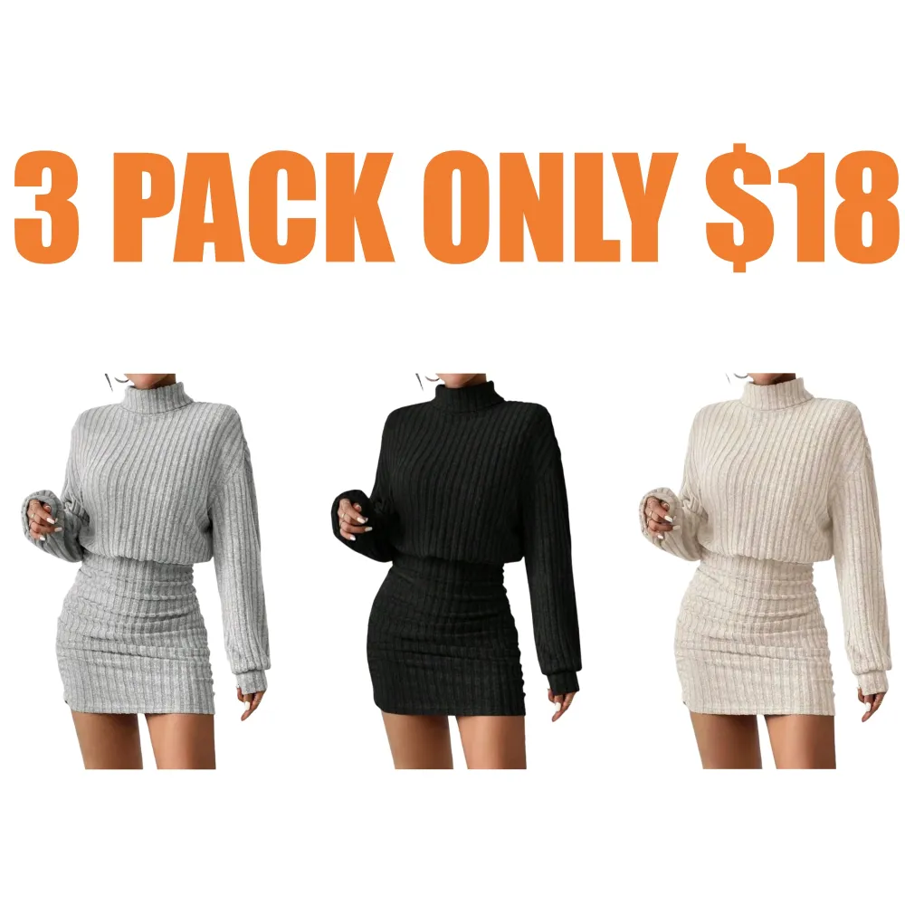 Women's Plain Drop Shoulder Turtleneck Ribbed Dress