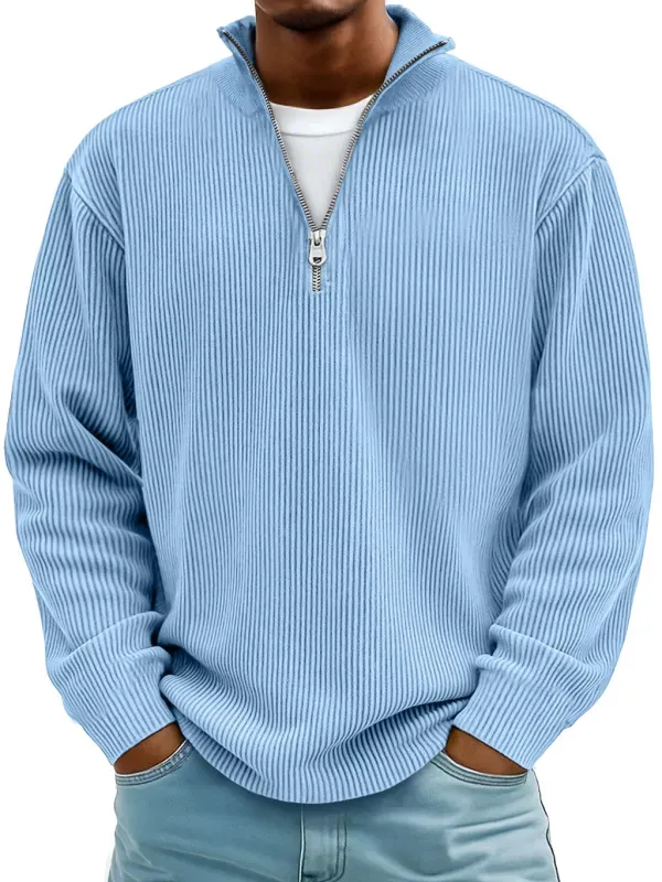 Men's Simple Casual Ribbed Stand Collar Zipper Long Sleeve T-shirt