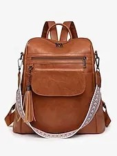 Women's Vintage Faux Leather Backpack with Tassel and Adjustable Geometric Strap – Casual Multi-pocket Travel Bag