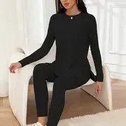 Stylish Spring/Fall Ribbed Knit Ensemble - Durable Casual Top with Dipped Hem & Slim-Fit Pants