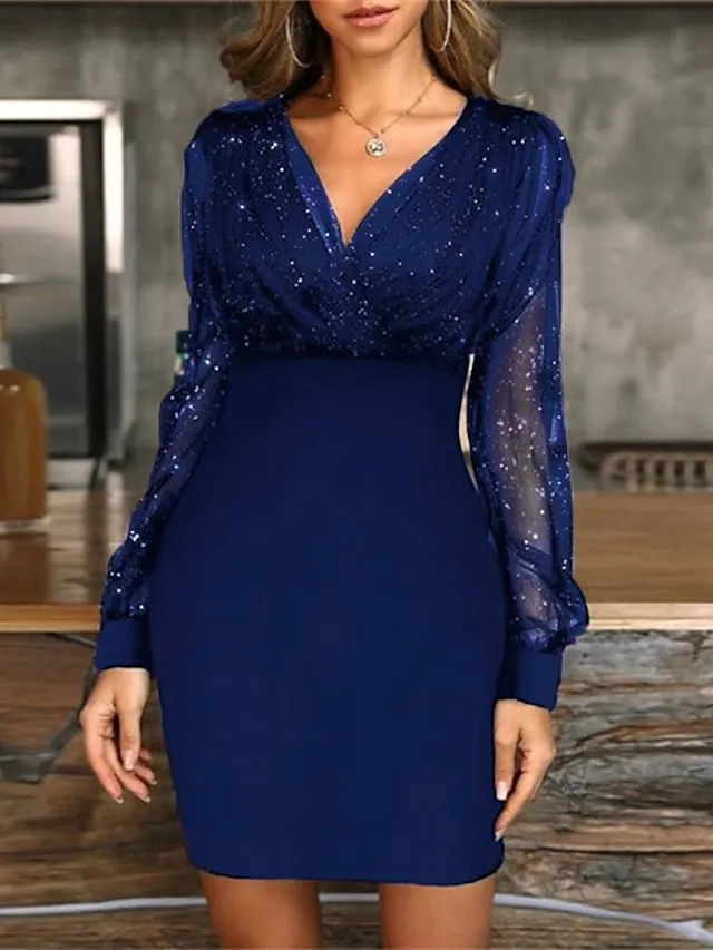 Women‘s Black Dress Wedding Guest Cocktail Dress Sexy V Neck Bodycon Patchwork Long Mesh Sleeve  Spring Summer