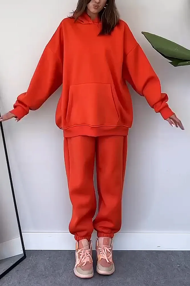 Women's Solid Hooded Sweatshirt and Pants 2-Piece Set