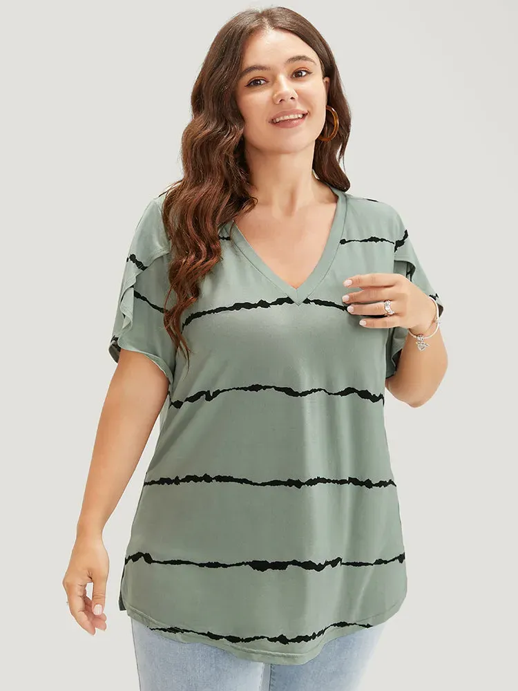 Striped Contrast Petal Sleeve T-shirt