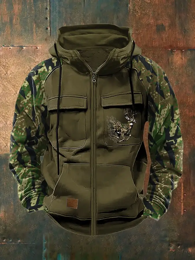 Men's Retro Casual Camouflage Elk Contrast Color Jacket