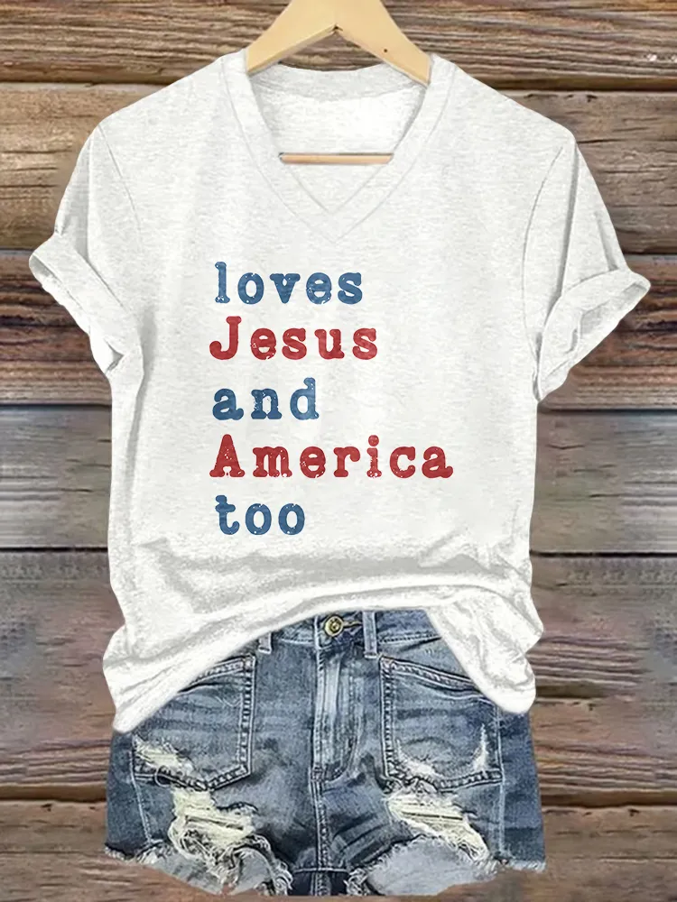 Women'S Loves Jesus Ang America Too T-Shirt