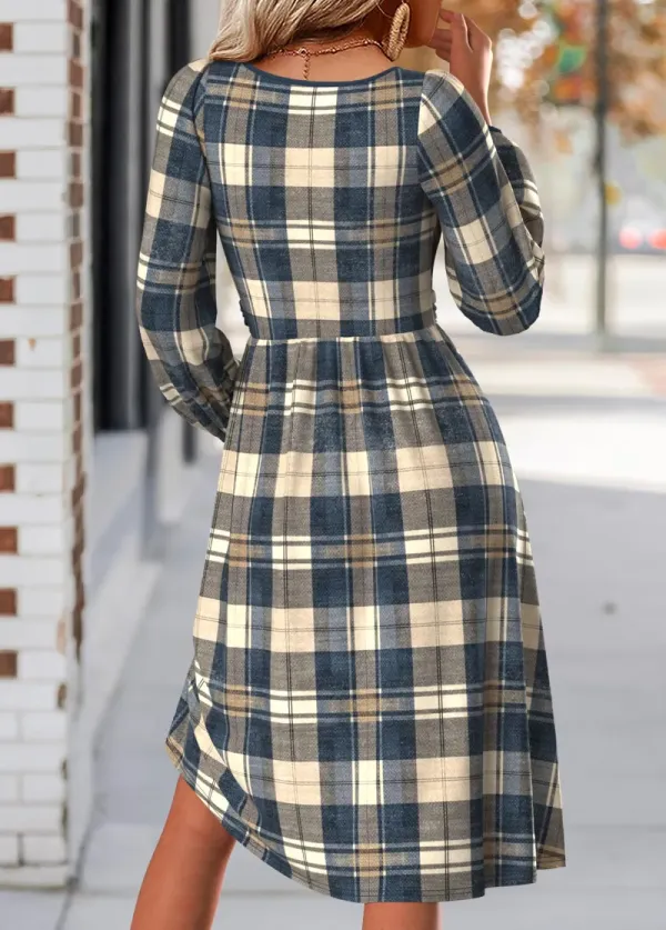 Multi Color Tummy Coverage Plaid Long Sleeve Dress