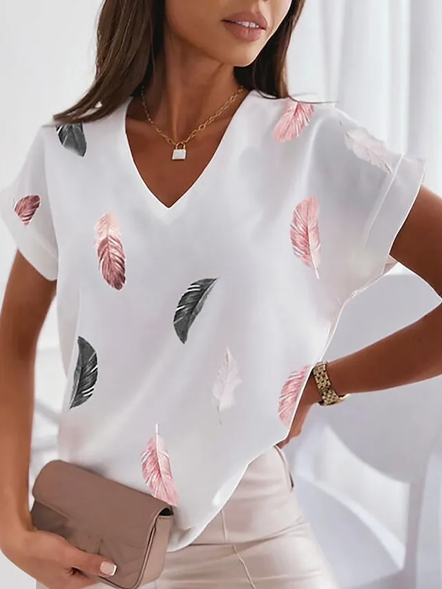 Women's T shirt Tee Color Block Heart Feather Dolman Sleeve Silver Black White Print Short Sleeve Daily Weekend Basic V Neck Regular Fit