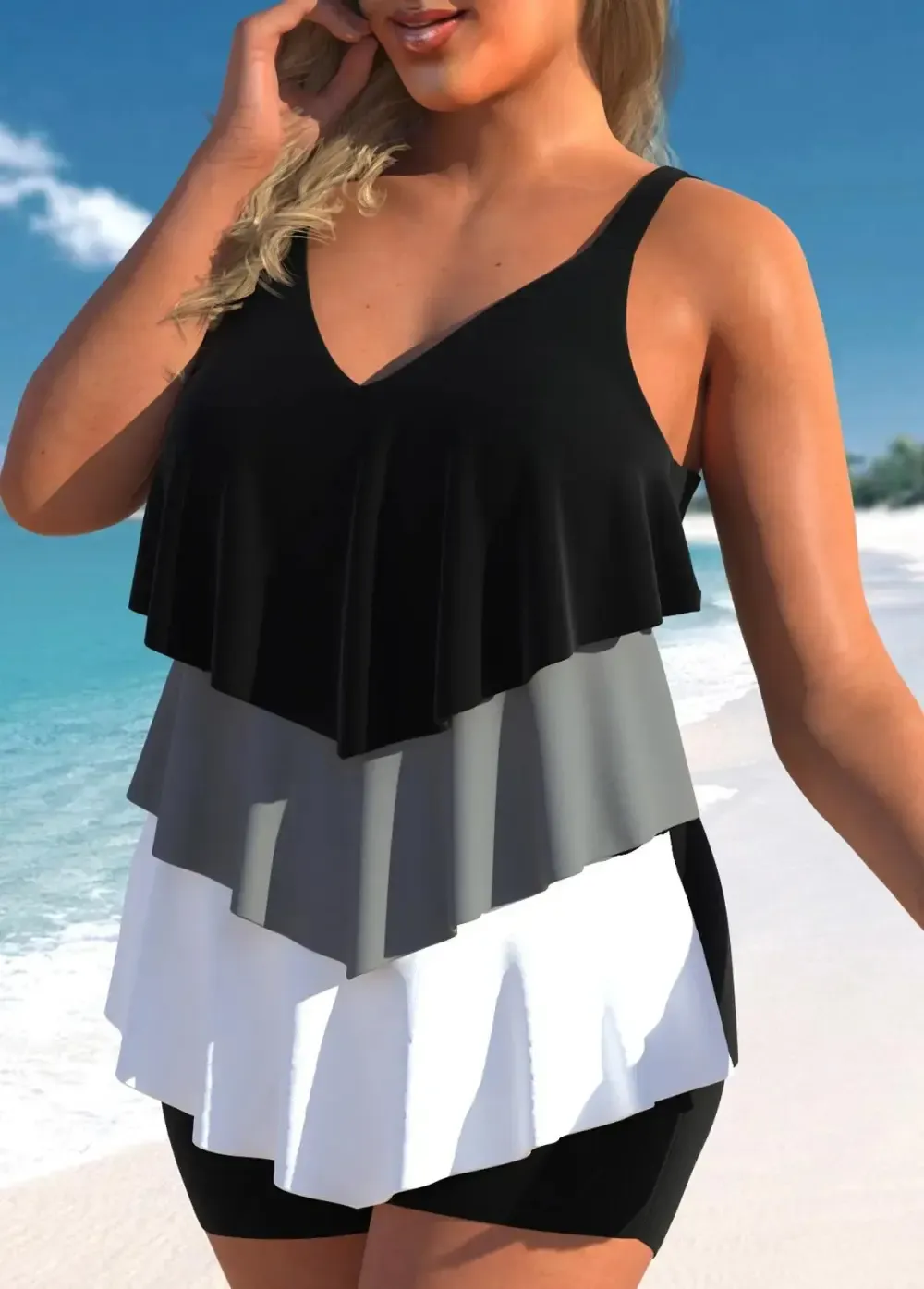 Women's Handkerchief Hem Plus Size Black Tankini Top