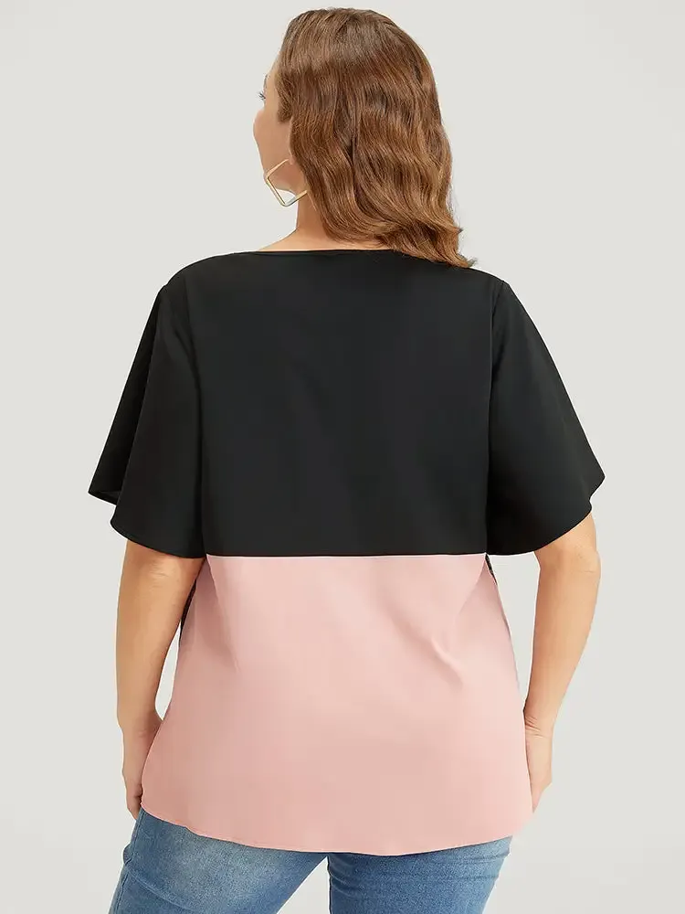 Colorblock Contrast Lace Panel Ruffles Blouse