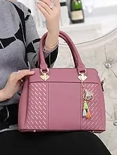 Women's Faux Leather Handbag with Tassel Charm and Textured Panels – Elegant Structured Shoulder Tote Bag for Office Work and Business Travel