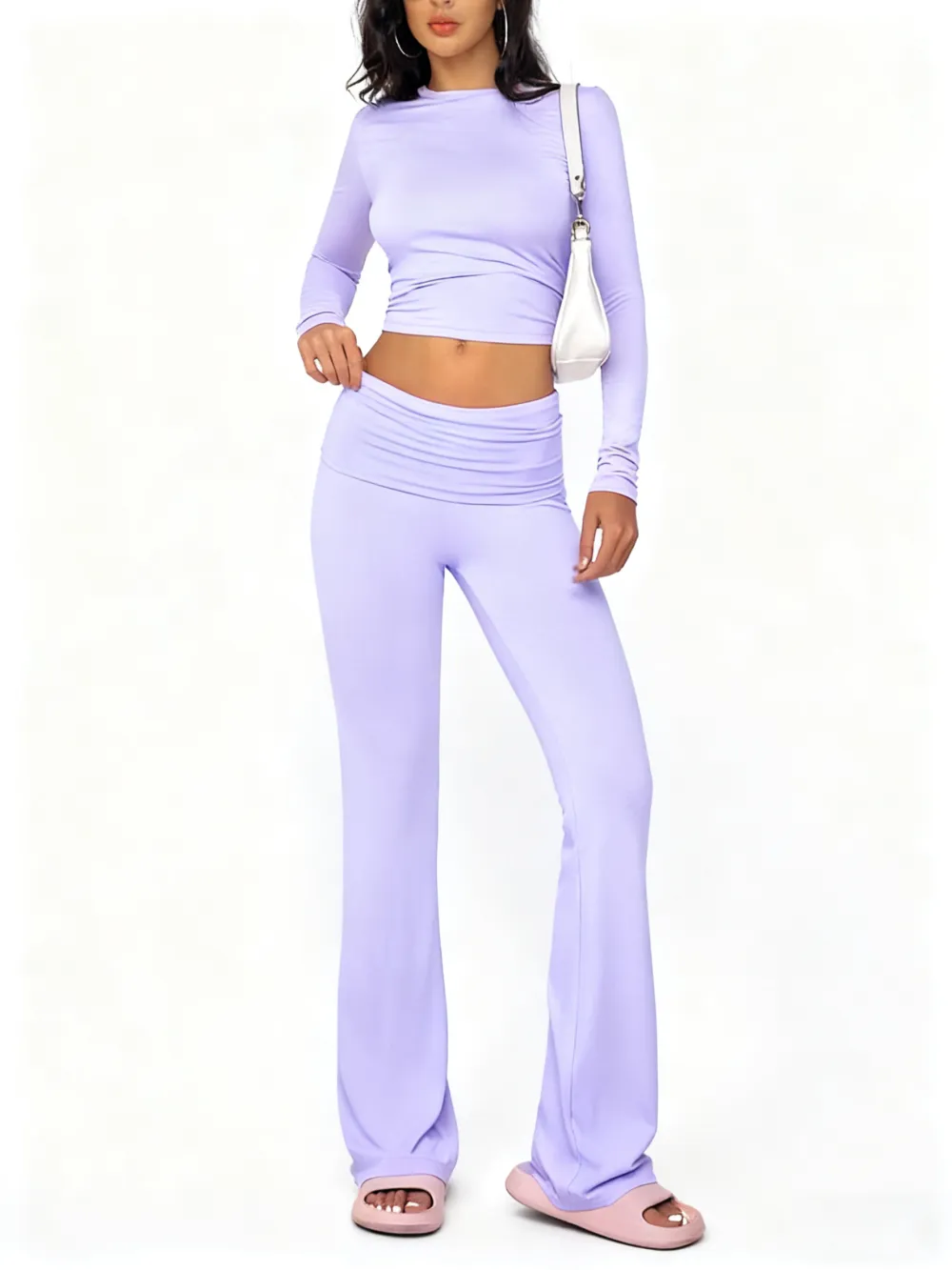 Women's Summer 2-Piece Set: Long-Sleeve Crop Tee + Fold-Over Waist Flare Leg Pants (Casual Elegant)