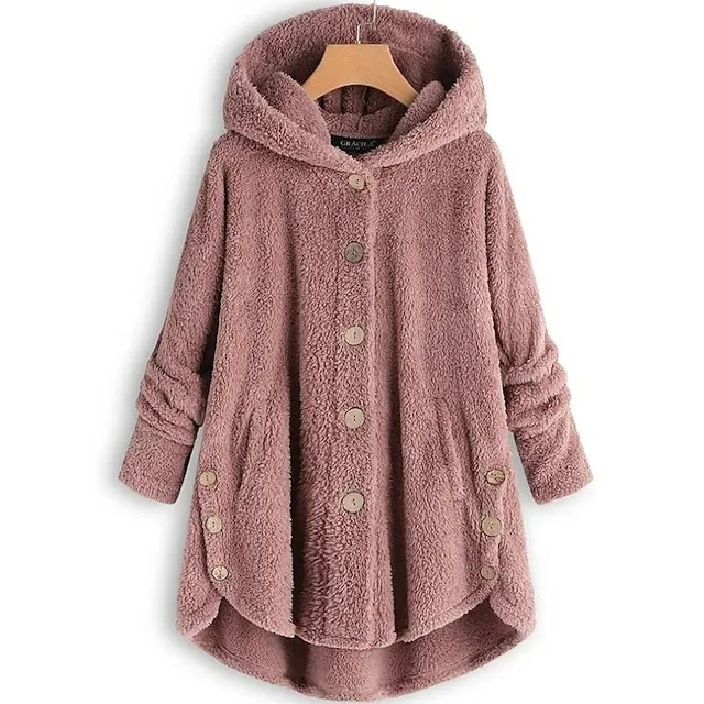Women's Fleece Jacket Fleece Sports Pullover Sherpa Fleece Button Front Pocket claret turmeric Black Solid Color Street Casual Hoodie Plus Size Long Sleeve Top Fleece lined Micro-elastic Fall & Winter