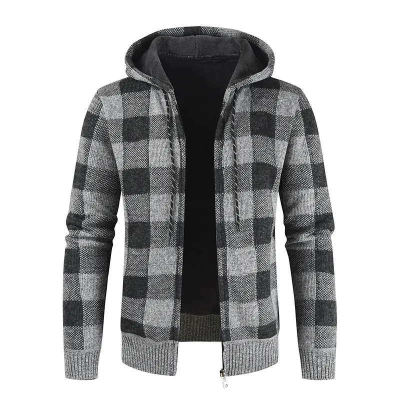 Men's Retro Check Knit Cardigan Hooded Jacket