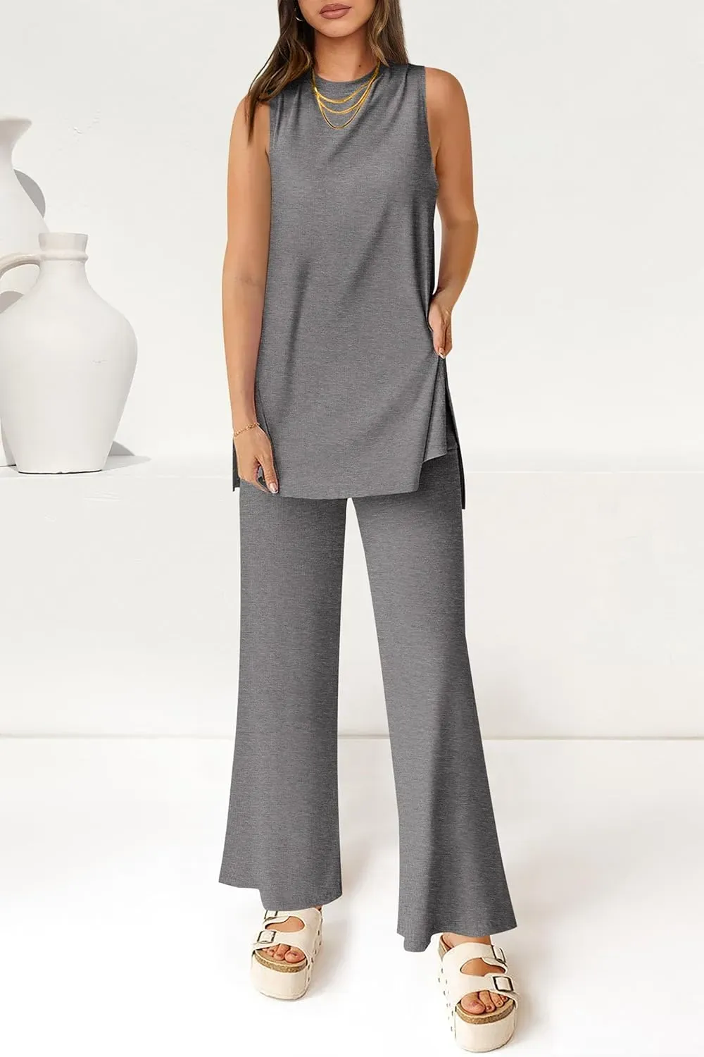 Women's Casual Loose Tank Top Wide Leg Pants 2 Piece Lounge Set