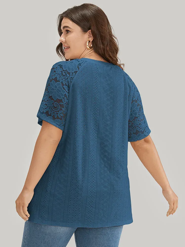 Solid Broderie Anglaise Lace Raglan Sleeve T-shirt